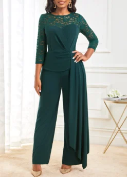 Blackish Green Lace Stitching 3/4 Sleeve Jumpsuit -Elegance Swimwear Store 311222 P 16668522182173