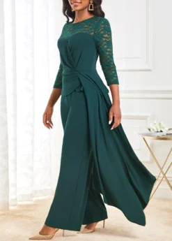 Blackish Green Lace Stitching 3/4 Sleeve Jumpsuit