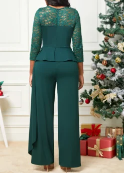 Blackish Green Lace Stitching 3/4 Sleeve Jumpsuit -Elegance Swimwear Store 311222 P 16668522186488