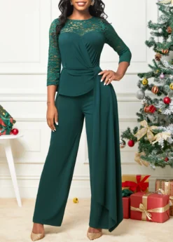 Blackish Green Lace Stitching 3/4 Sleeve Jumpsuit -Elegance Swimwear Store 311222 P 16668522187046