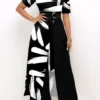 Brush Stroke Print Belted Black Pocket Jumpsuit