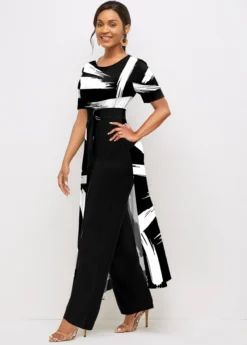 Brush Stroke Print Belted Black Pocket Jumpsuit -Elegance Swimwear Store 311320 P 1667269983741