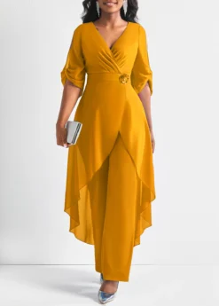 Flower Decoration Chiffon Ginger 3/4 Sleeve Jumpsuit -Elegance Swimwear Store 311522 P 16608730761913