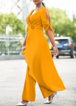 Flower Decoration Chiffon Ginger 3/4 Sleeve Jumpsuit -Elegance Swimwear Store 311522 P 16608730768214