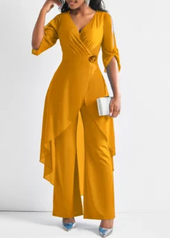 Flower Decoration Chiffon Ginger 3/4 Sleeve Jumpsuit -Elegance Swimwear Store 311522 P 16608730769642