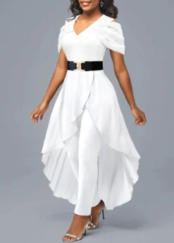 White Cold Shoulder V Neck Jumpsuit