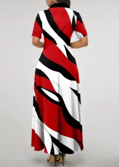 Red Pocket Geometric Print Short Sleeve Maxi Dress -Elegance Swimwear Store 311984 P 1661137217454