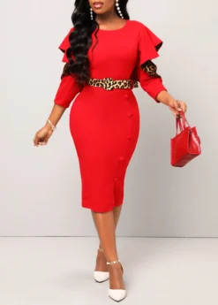 Red Hollow Out Leopard Belted Bodycon Dress -Elegance Swimwear Store 312105 P 16624585734633