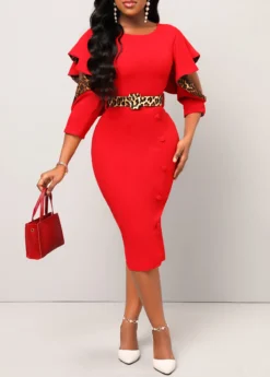 Red Hollow Out Leopard Belted Bodycon Dress