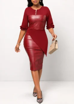 Wine Red Frill Button Half Sleeve Dress -Elegance Swimwear Store 312107 P 16652848772783