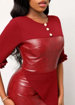 Wine Red Frill Button Half Sleeve Dress -Elegance Swimwear Store 312107 P 16652848772814