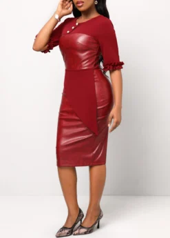 Wine Red Frill Button Half Sleeve Dress -Elegance Swimwear Store 312107 P 16652848778872