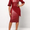 Wine Red Frill Button Half Sleeve Dress