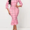 Pink Plaid Belted Button Mermaid Dress