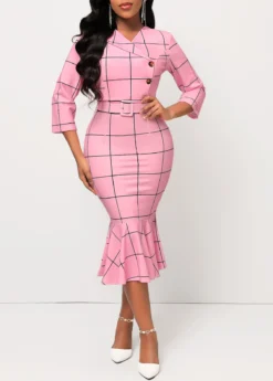 Pink Plaid Belted Button Mermaid Dress