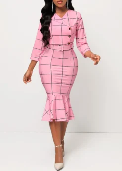 Pink Plaid Belted Button Mermaid Dress -Elegance Swimwear Store 312108 P 16659914485813