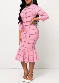 Pink Plaid Belted Button Mermaid Dress -Elegance Swimwear Store 312108 P 16659914485942