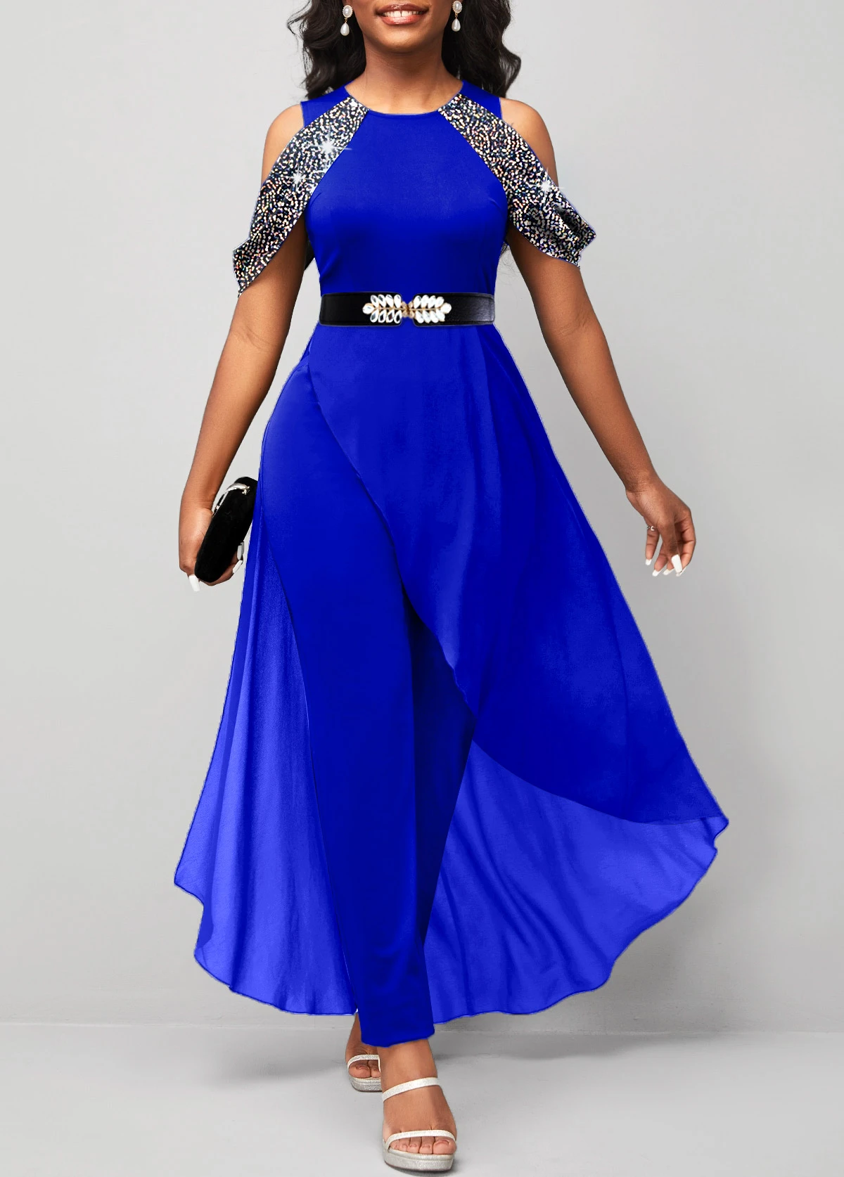Sapphire Blue Hot Stamping Cold Shoulder Jumpsuit 1 Sapphire Blue Hot Stamping Cold Shoulder Jumpsuit