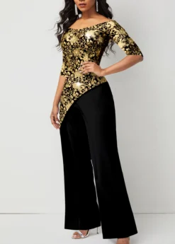Golden Hot Stamping Floral Print Jumpsuit -Elegance Swimwear Store 313283 P 1694055796635
