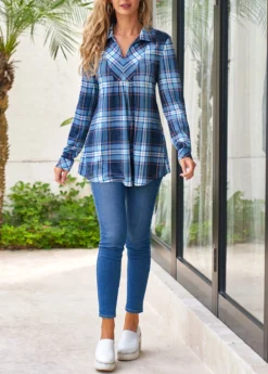 Blue Plus Size Tartan Print Long Sleeve Blouse 14 Blue Plus Size Tartan Print Long Sleeve Blouse -Elegance Swimwear Store 313515 P 16630403691554