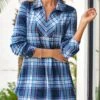 Blue Plus Size Tartan Print Long Sleeve Blouse