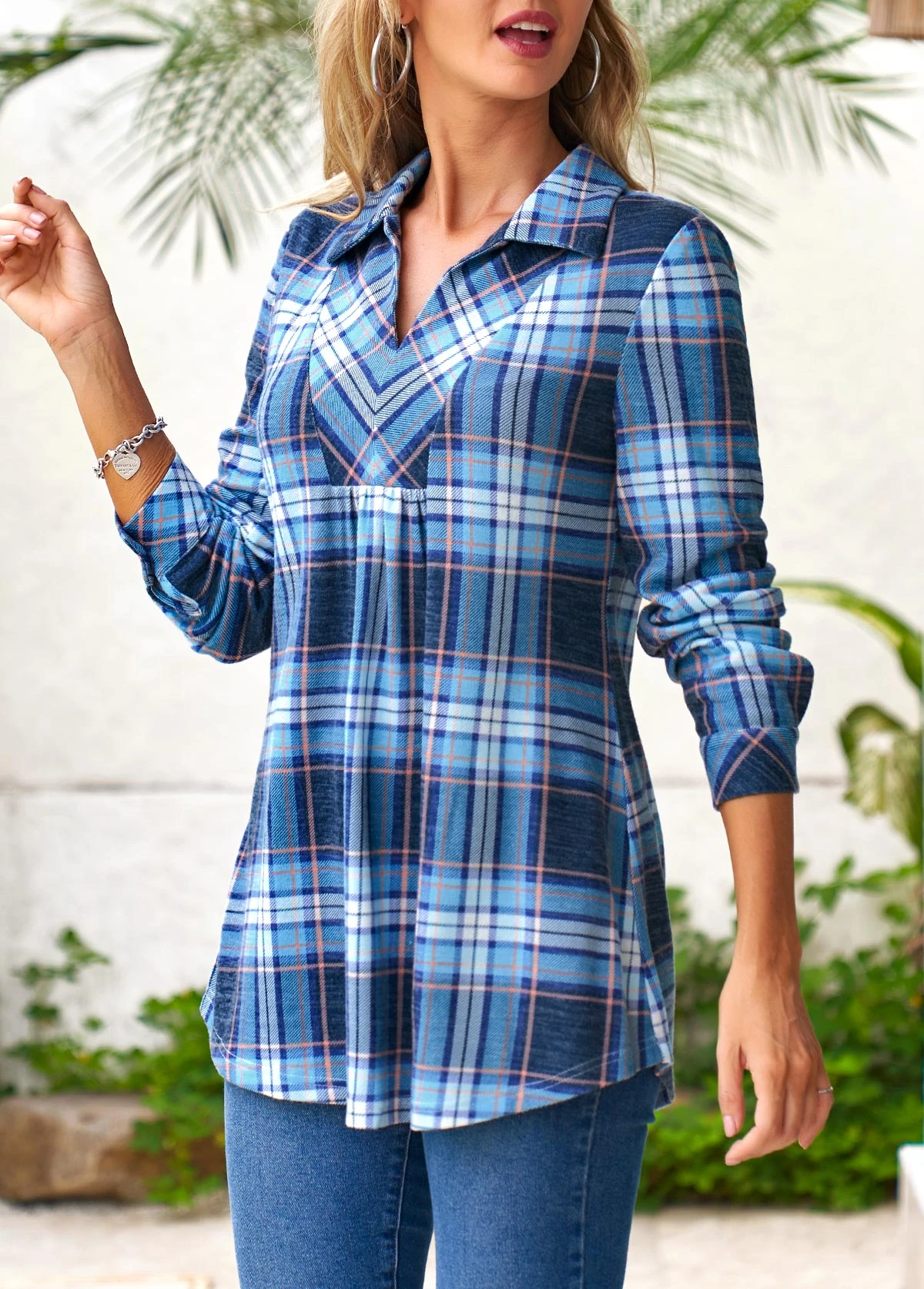 Blue Plus Size Tartan Print Long Sleeve Blouse 4 Blue Plus Size Tartan Print Long Sleeve Blouse - Image 4