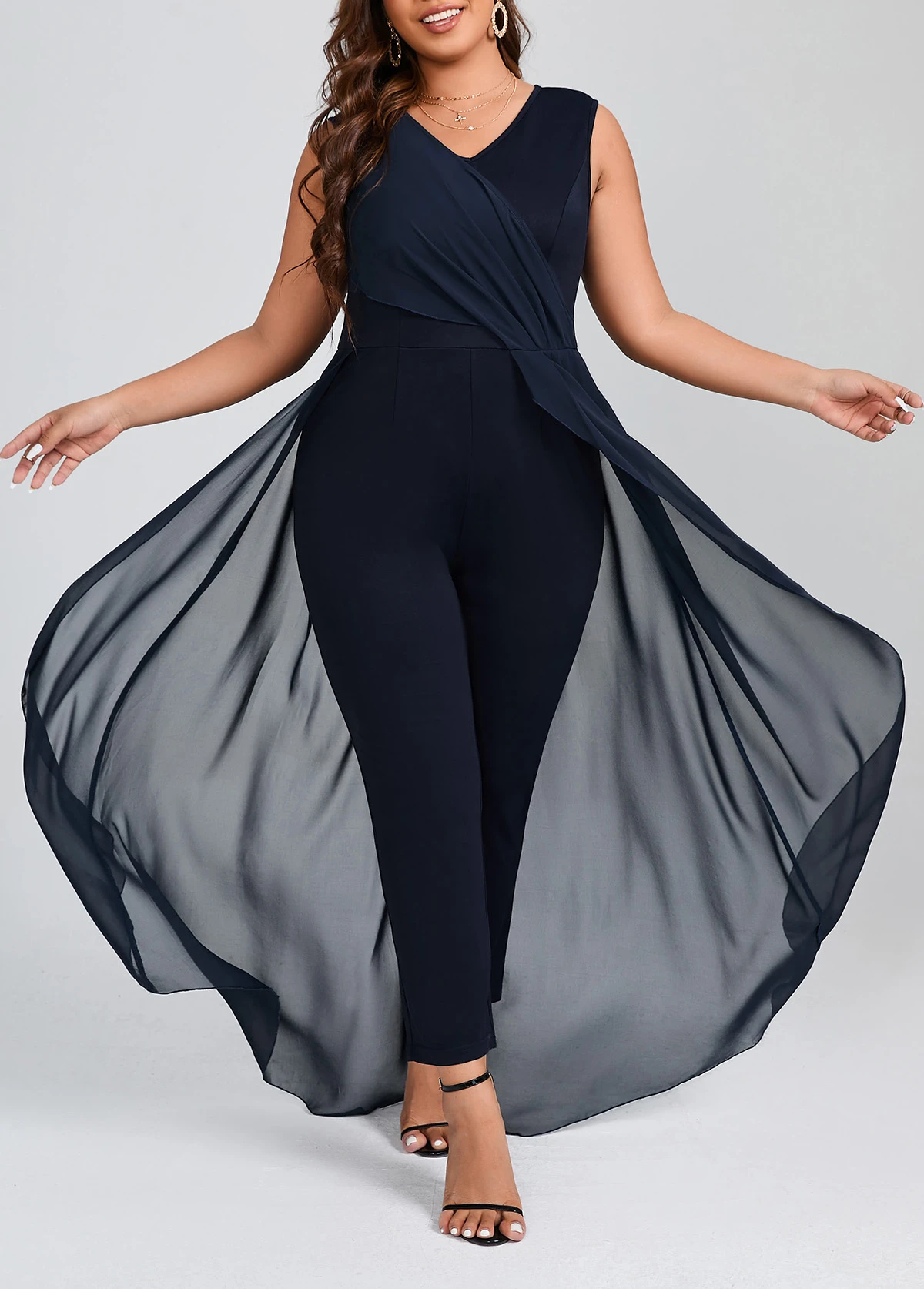 Navy Patchwork Plus Size Sleeveless V Neck Jumpsuit 4 Navy Patchwork Plus Size Sleeveless V Neck Jumpsuit - Image 4