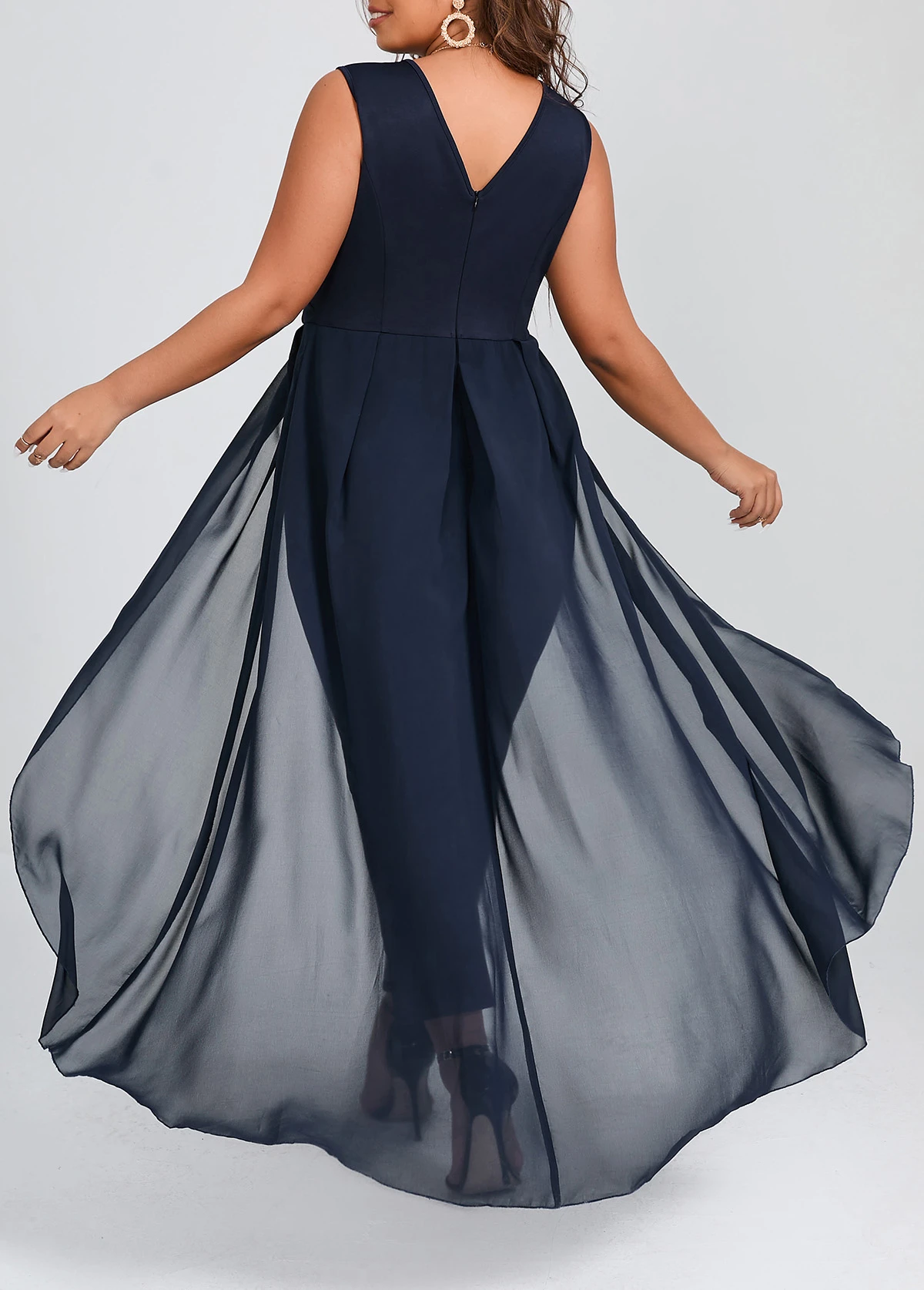 Navy Patchwork Plus Size Sleeveless V Neck Jumpsuit 2 Navy Patchwork Plus Size Sleeveless V Neck Jumpsuit - Image 2