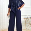Navy Sequin Cold Shoulder Asymmetric Hem Jumpsuit