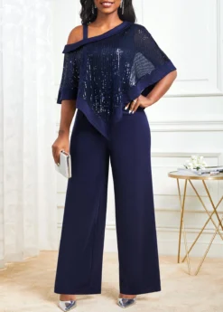Navy Sequin Cold Shoulder Asymmetric Hem Jumpsuit
