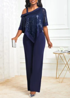 Navy Sequin Cold Shoulder Asymmetric Hem Jumpsuit -Elegance Swimwear Store 314272 P 16669316390744