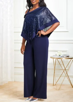 Navy Sequin Cold Shoulder Asymmetric Hem Jumpsuit -Elegance Swimwear Store 314272 P 16669316391552