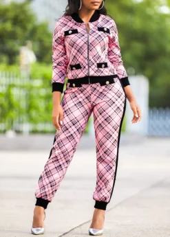 Pink Plaid Long Sleeve Sweatsuit Set -Elegance Swimwear Store 314408 P 16642744250330