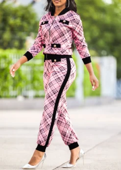 Pink Plaid Long Sleeve Sweatsuit Set -Elegance Swimwear Store 314408 P 16642744252762