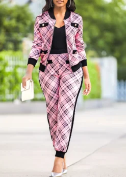 Pink Plaid Long Sleeve Sweatsuit Set