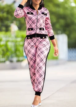 Pink Plaid Long Sleeve Sweatsuit Set -Elegance Swimwear Store 314408 P 16642744256303