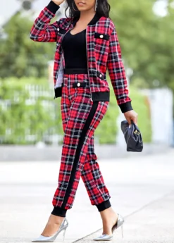 Red Plaid Long Sleeve Zipper Sweatsuit Set
