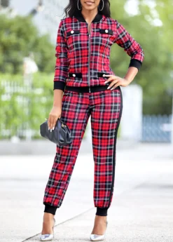 Red Plaid Long Sleeve Zipper Sweatsuit Set -Elegance Swimwear Store 314409 P 16651935872152