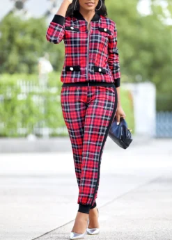 Red Plaid Long Sleeve Zipper Sweatsuit Set -Elegance Swimwear Store 314409 P 16651935872653
