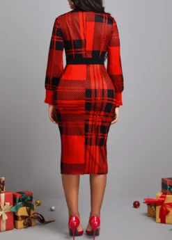Red Frill Tartan Print Midi Bodycon Dress -Elegance Swimwear Store 314627 P 16657407710054