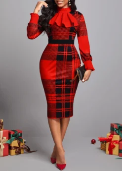 Red Frill Tartan Print Midi Bodycon Dress -Elegance Swimwear Store 314627 P 16657407710497