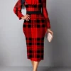 Red Frill Tartan Print Midi Bodycon Dress