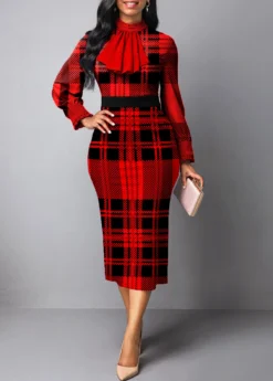 Red Frill Tartan Print Midi Bodycon Dress