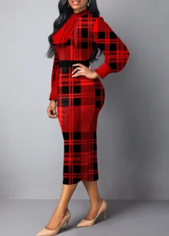 Red Frill Tartan Print Midi Bodycon Dress -Elegance Swimwear Store 314627 P 16657407718132