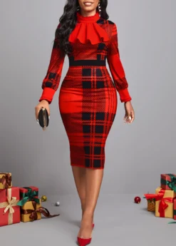 Red Frill Tartan Print Midi Bodycon Dress -Elegance Swimwear Store 314627 P 16657407719453