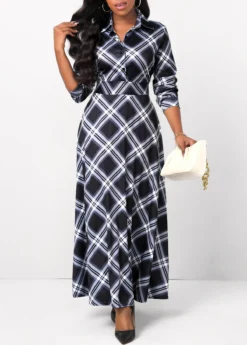 Black Button Plaid Long Sleeve Maxi Dress -Elegance Swimwear Store 314958 P 16644582392515