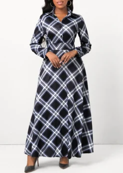 Black Button Plaid Long Sleeve Maxi Dress -Elegance Swimwear Store 314958 P 16644582396004