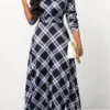 Black Button Plaid Long Sleeve Maxi Dress