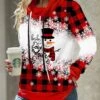 Red Drawstring Plus Size Christmas Print Sweatshirt