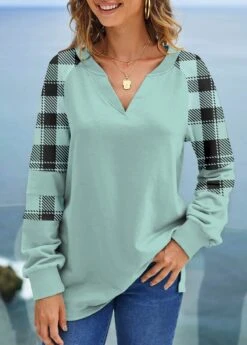 Mint Green Split Plus Size Plaid Sweatshirt -Elegance Swimwear Store 315016 P 1663639504819